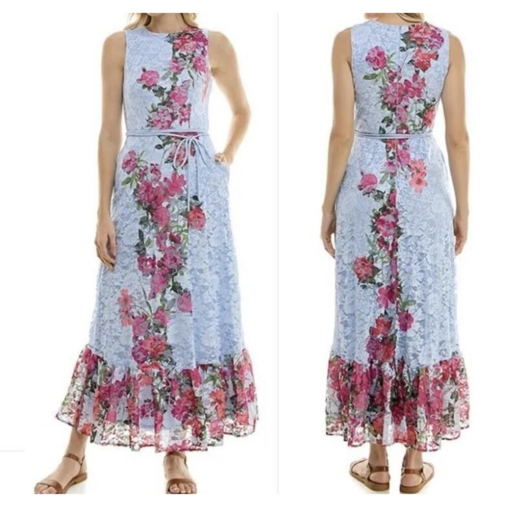 MAISON TARA Blue Floral Sz 4 Sleeveless Lined Lacy Maxi Dress Pockets NEW NWT